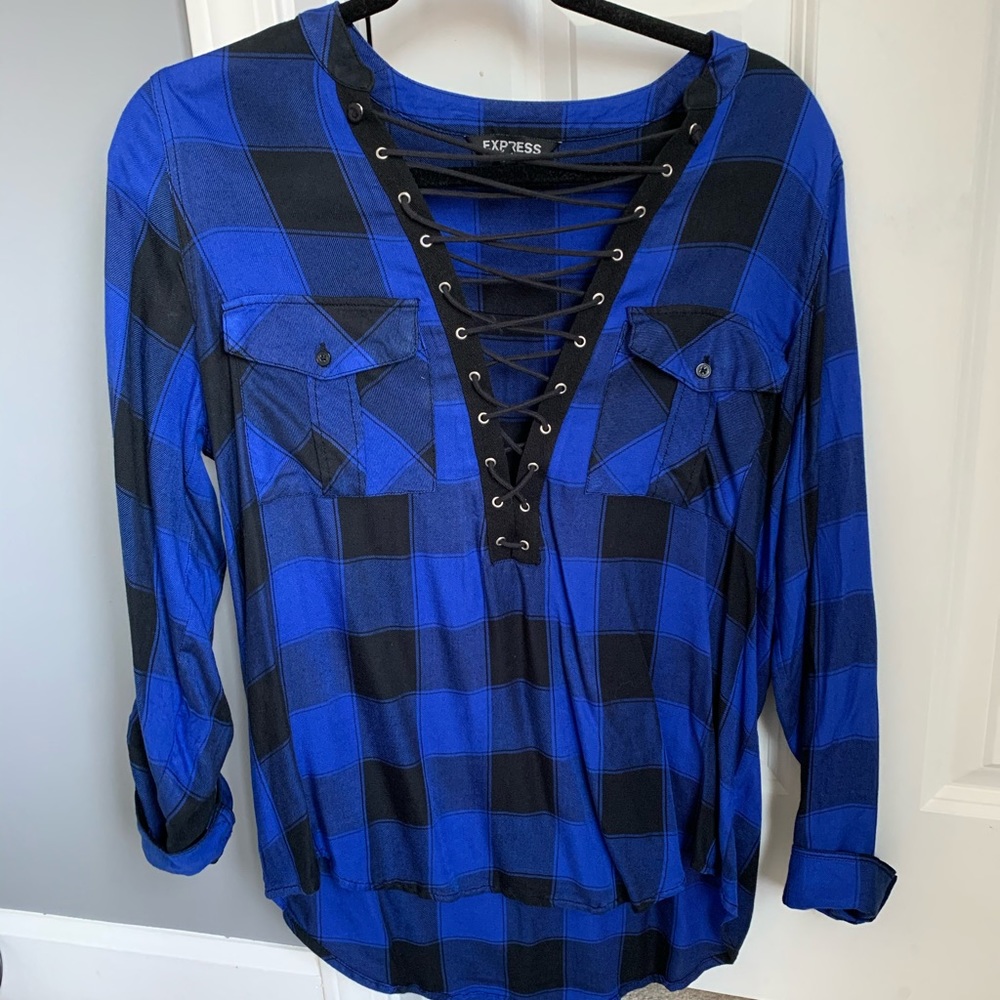 Lace up V Neck Plaid Blouse